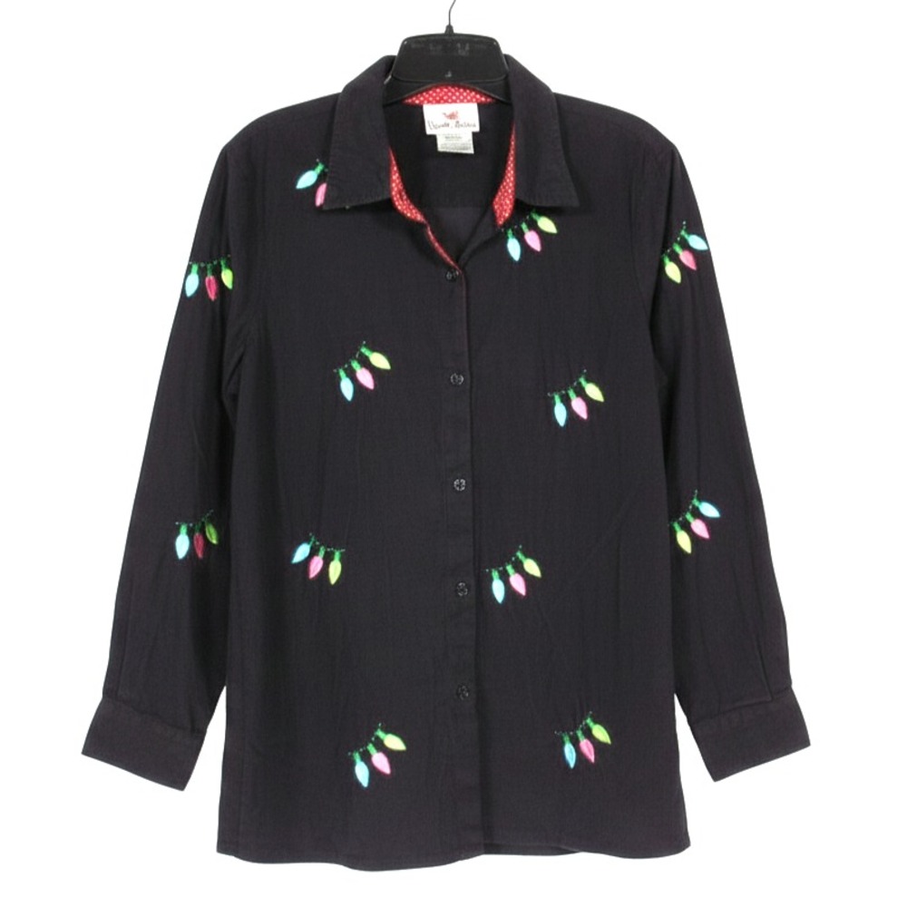 VTG QUACKER FACTORY Corduroy EMBROIDERED CHRISTMAS LIGHTS Button-Up SHIRT/TOP M